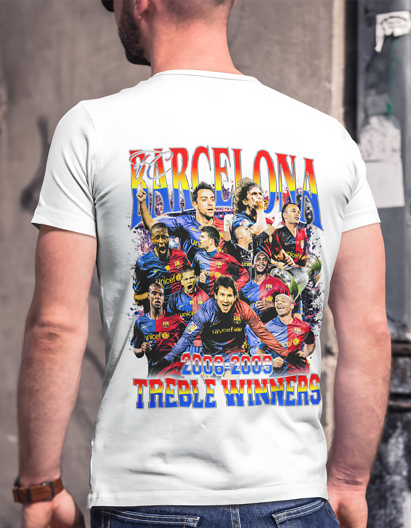 FC Barcelona T-Shirt | Més Que Un Club T-Shirt | Barcelona Treble Winners T-Shirt | Premium Quality Fan Apparel | GOAT Football Fan Apparel | Made from 100% Cotton | White T-Shirt